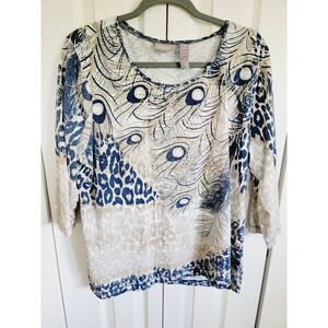 Chico's 3 Cotton T-Shirt Top 3/4 Slv.‎ Tan Blue Peacock Feathers Beaded Cotton